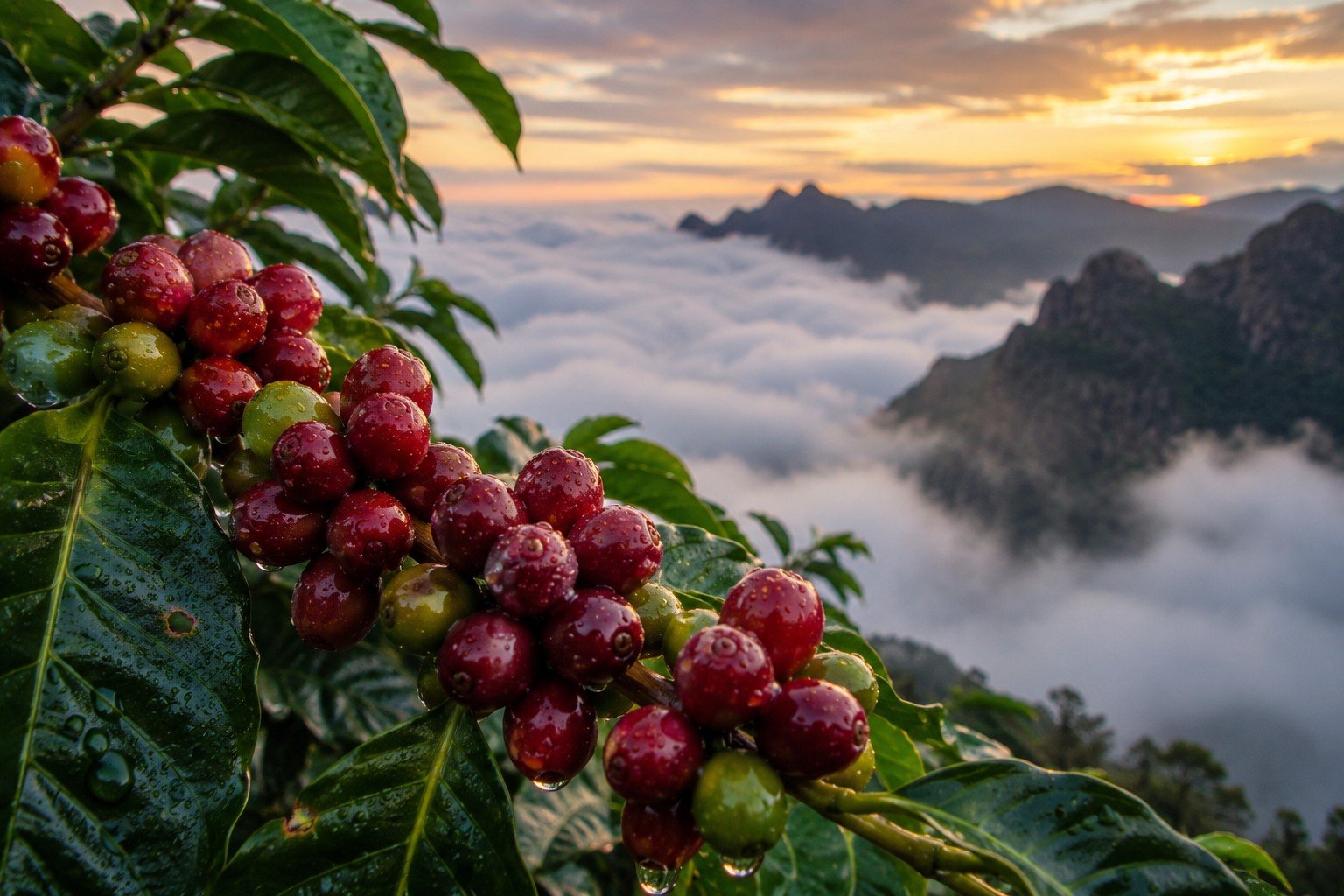 Yemeni coffee cherries growing above mountain clouds